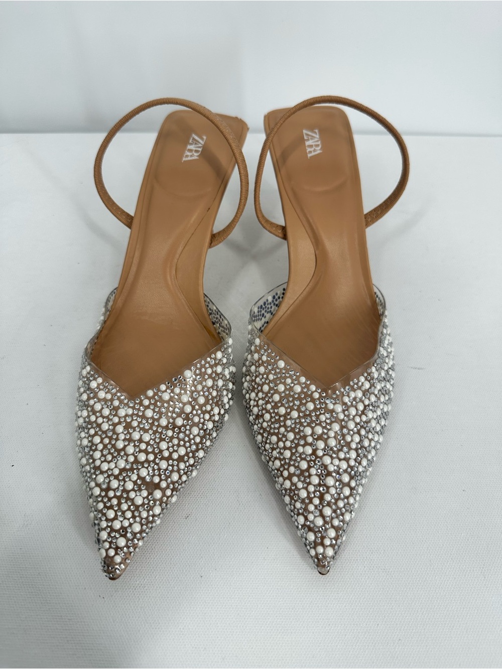 ZARA Clear PVC Pearl Rhinestone Embellished Pointed Slingback Kitty Heels Size 7 - Picture 5 of 15